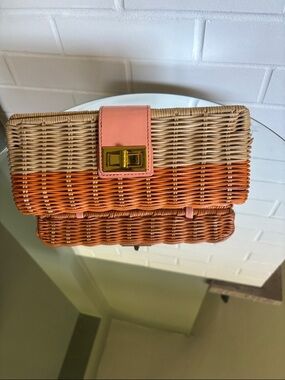 J. Crew Pink and Orange Woven Rattan Mini Crossbody